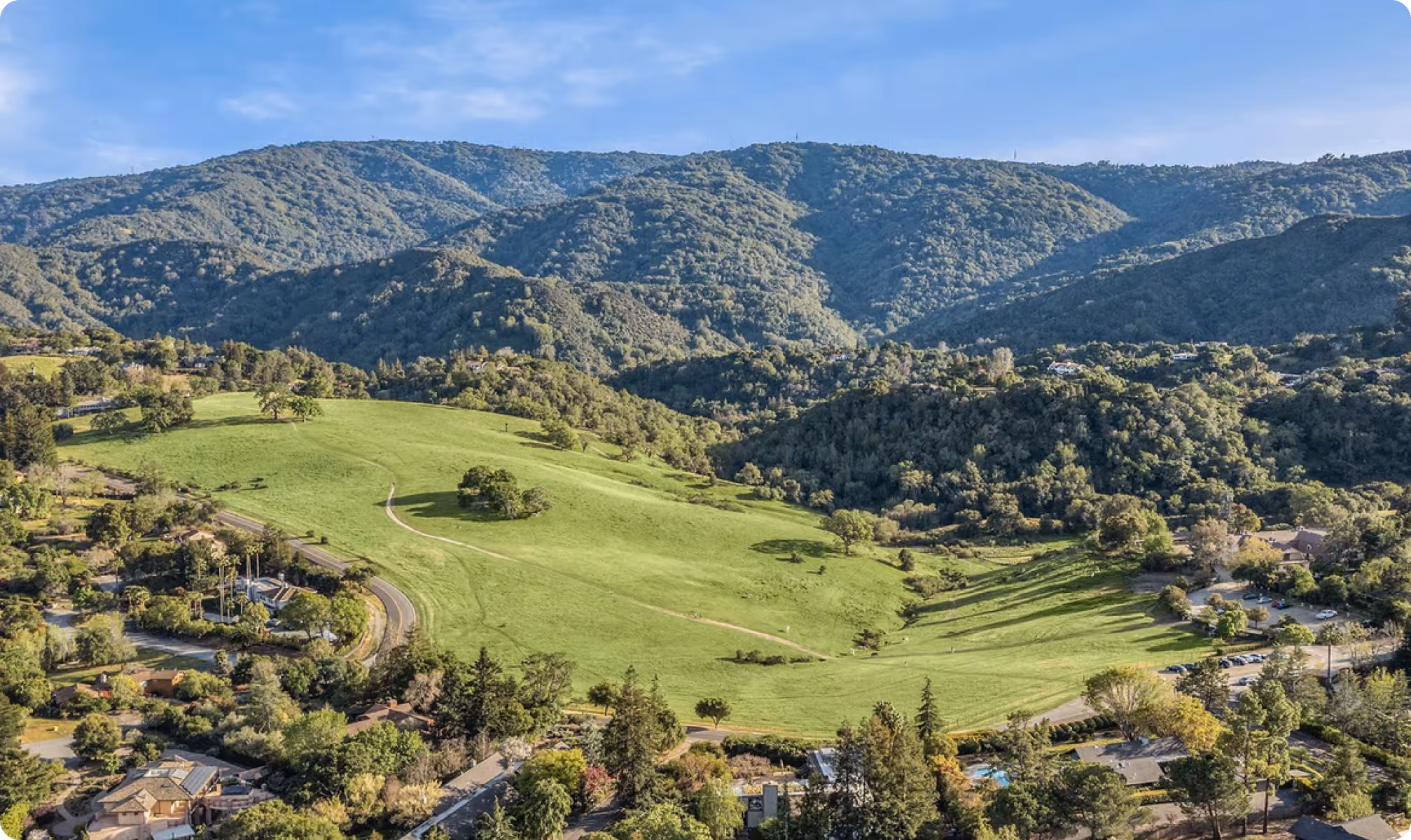 Aerial view of Los Altos Hills and the surrounding green hills